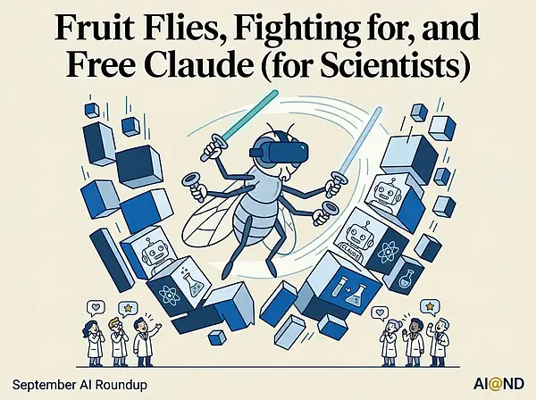 AI Roundup September graphic featuring an illustration of a fruit fly wearing a VR headset and playing beat saber while surrounded by technology and scientists