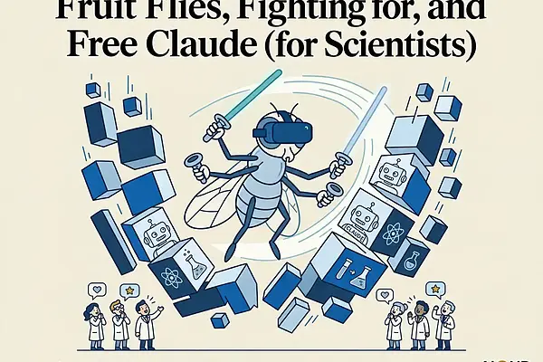 AI Roundup September graphic featuring an illustration of a fruit fly wearing a VR headset and playing beat saber while surrounded by technology and scientists